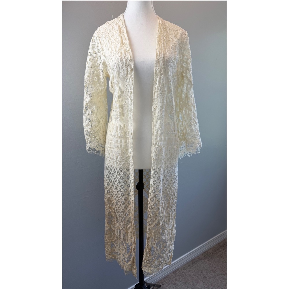 Cato Lace Duster Cardigan Small Cream Ivory Open Long Sheer Boho Festival Ombre